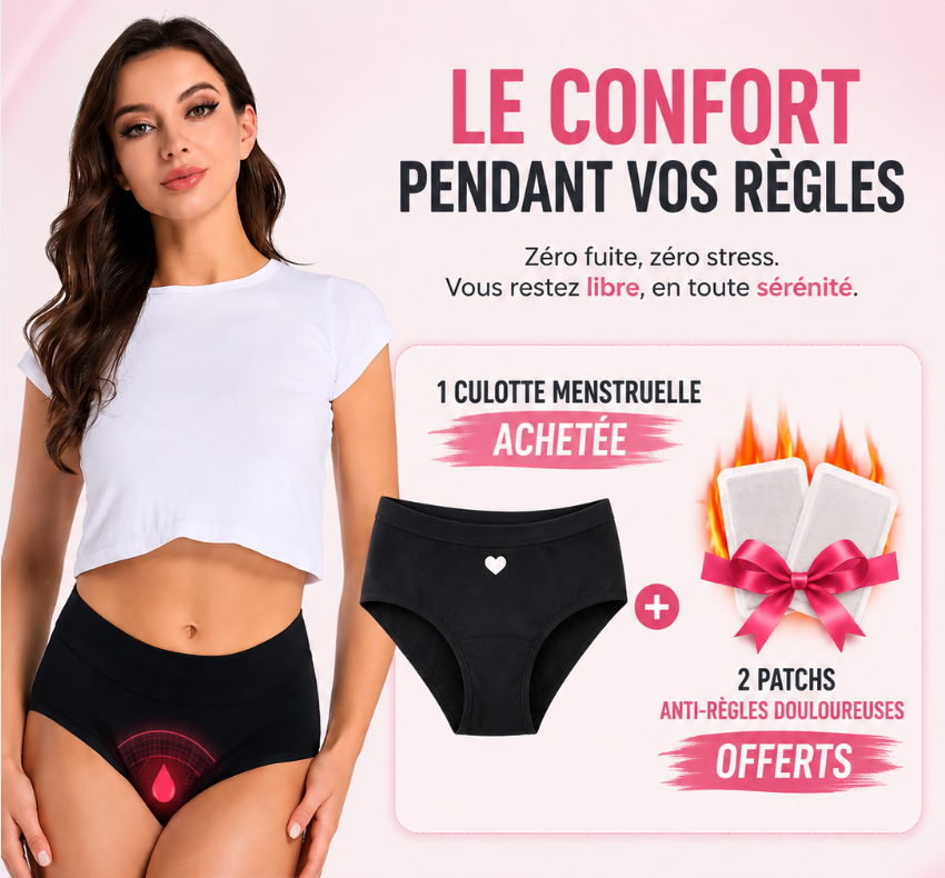 2 Culotte Menstruelle + 2 Patchs Anti-Règles Douloureuses OFFERTS 🎁